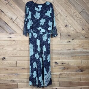 Carol Anderson Maxi Dress Women 12 Silk Floral Layered Chiffon Black Green